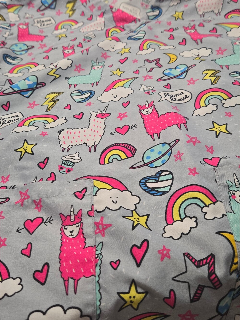Whimsical Rainbow Llama SCRub  Top - Pink, Aqua & Yellow Size Large With Streach